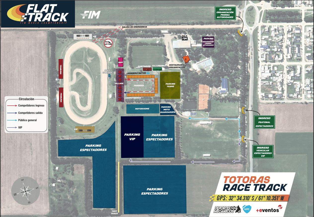 Plano del predio del Totoras Race Track: tribunas, paddock, village, parkings e ingresos